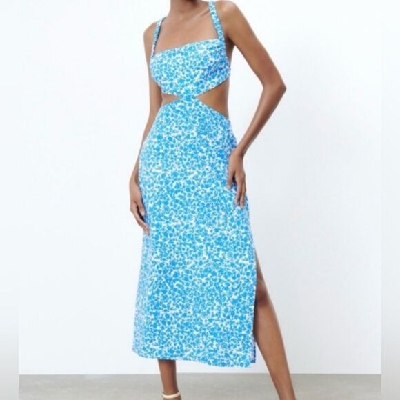 Zara Blue and White Floral Cutout Dress - Picture 3 of 12